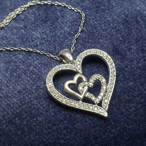 SUN 925 Sterling Silver Diamond Pave Heart Pendant Chain Necklace